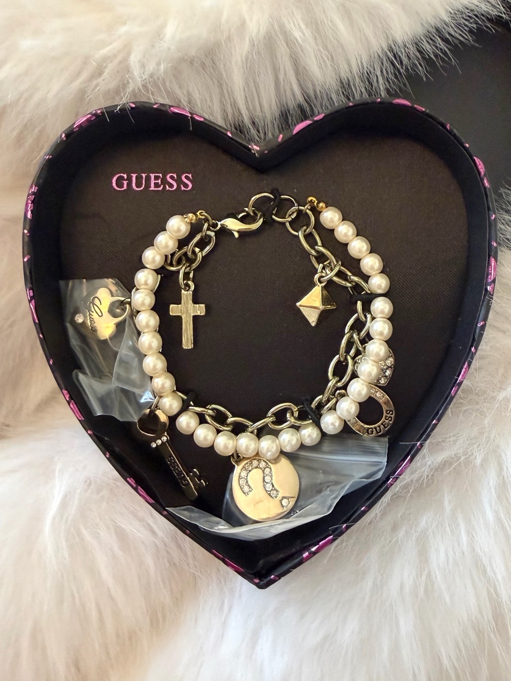 NIB Guess Gold Pearl Charm Bracelet